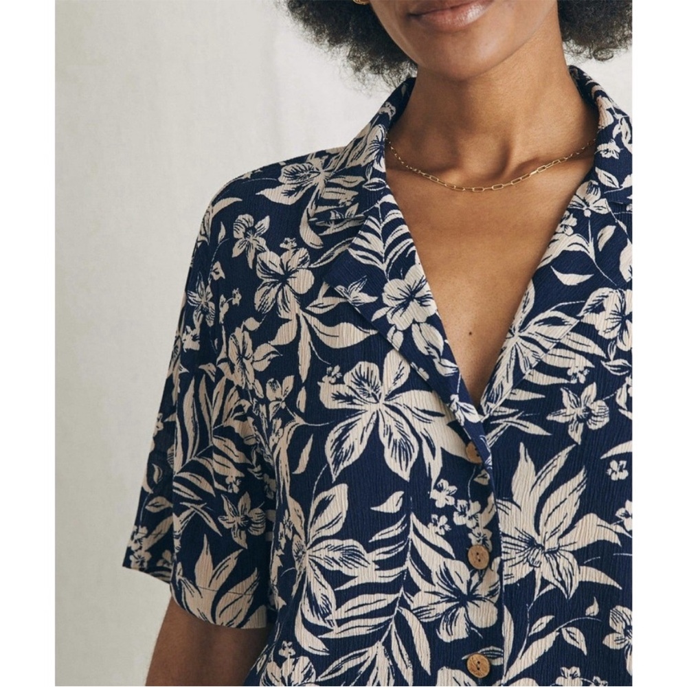 Faherty Navy Floral Camp Shirt with Cream Print